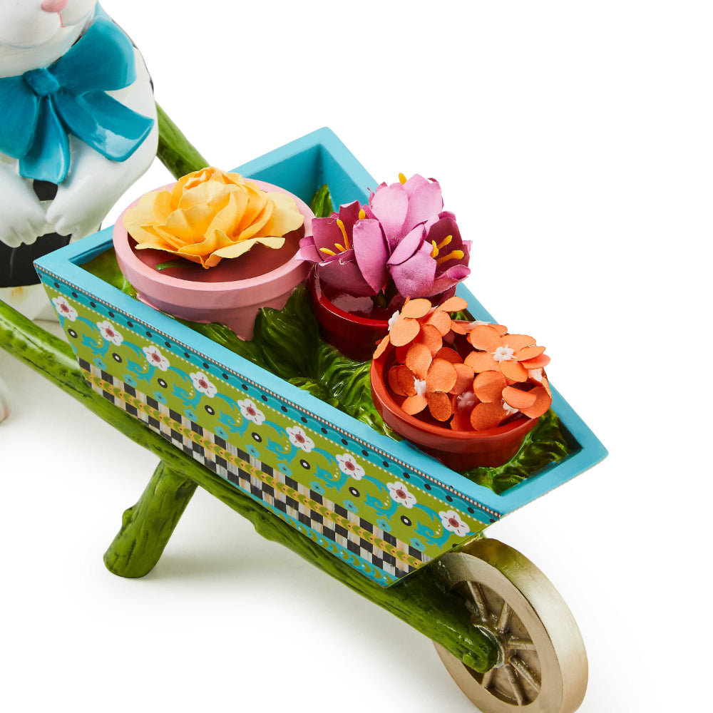 MacKenzie-Childs Decorative Calico Bunny Statue with Wheelbarrow for Home Decoration