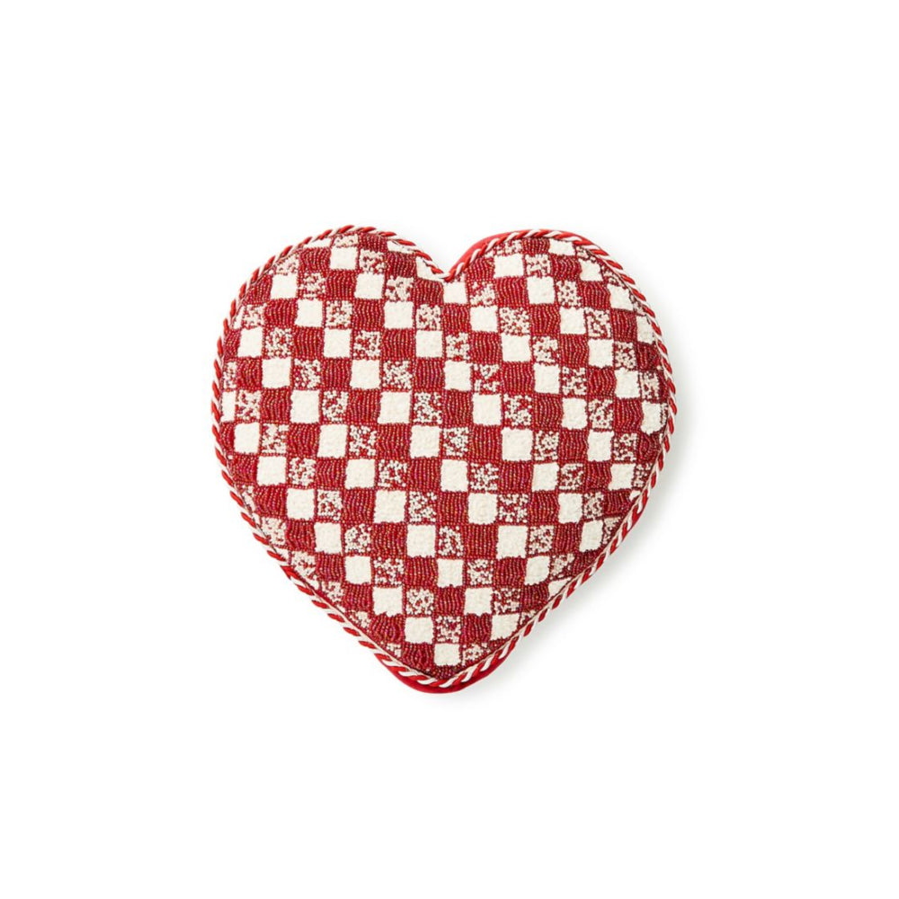 Mackenzie-Childs Heart Shaped Decorative Throw Pillow in Striking Red and White Check Pattern