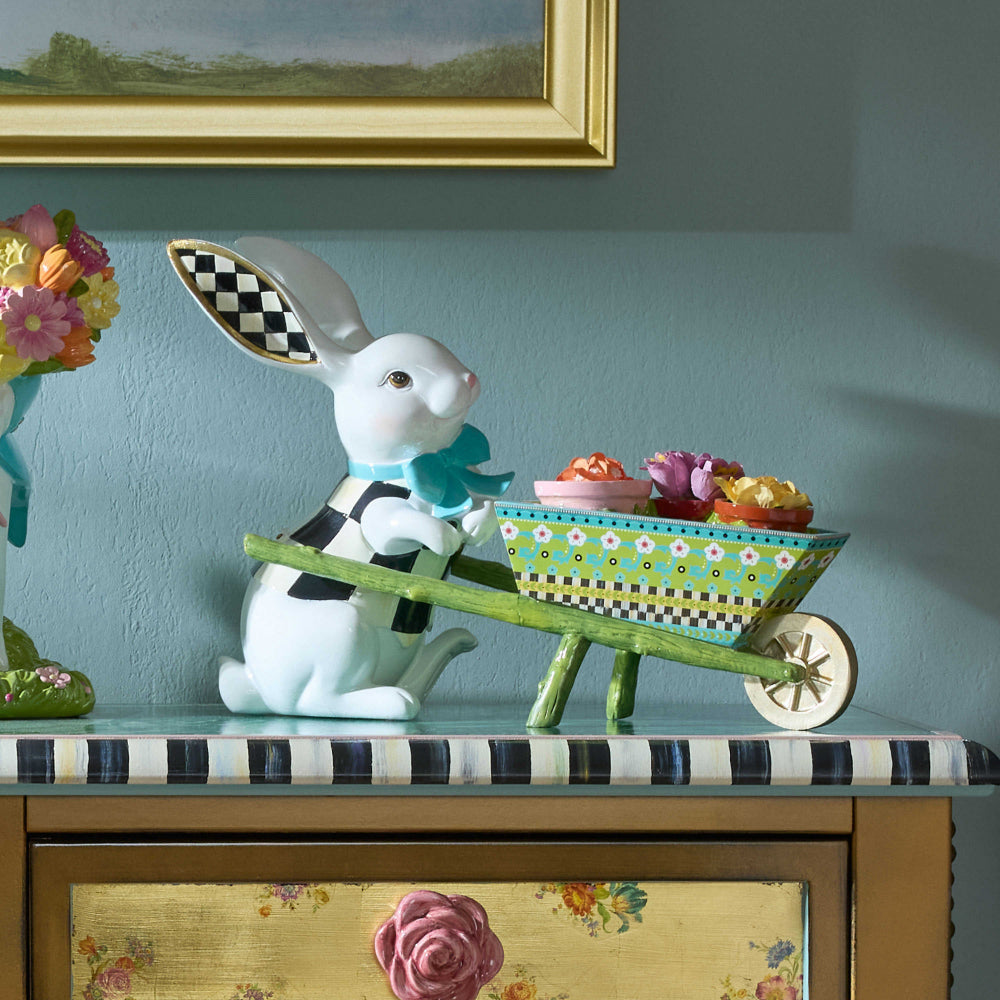 MacKenzie-Childs Decorative Calico Bunny Statue with Wheelbarrow for Home Decoration