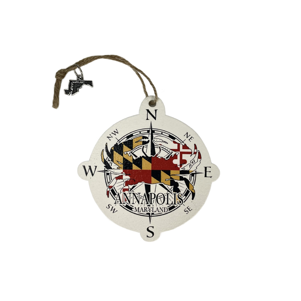 Custom Laser - Cut and Printed Map Mom Wood Ornament with Maryland Crab Compass Design for Decor or Christmas Tree