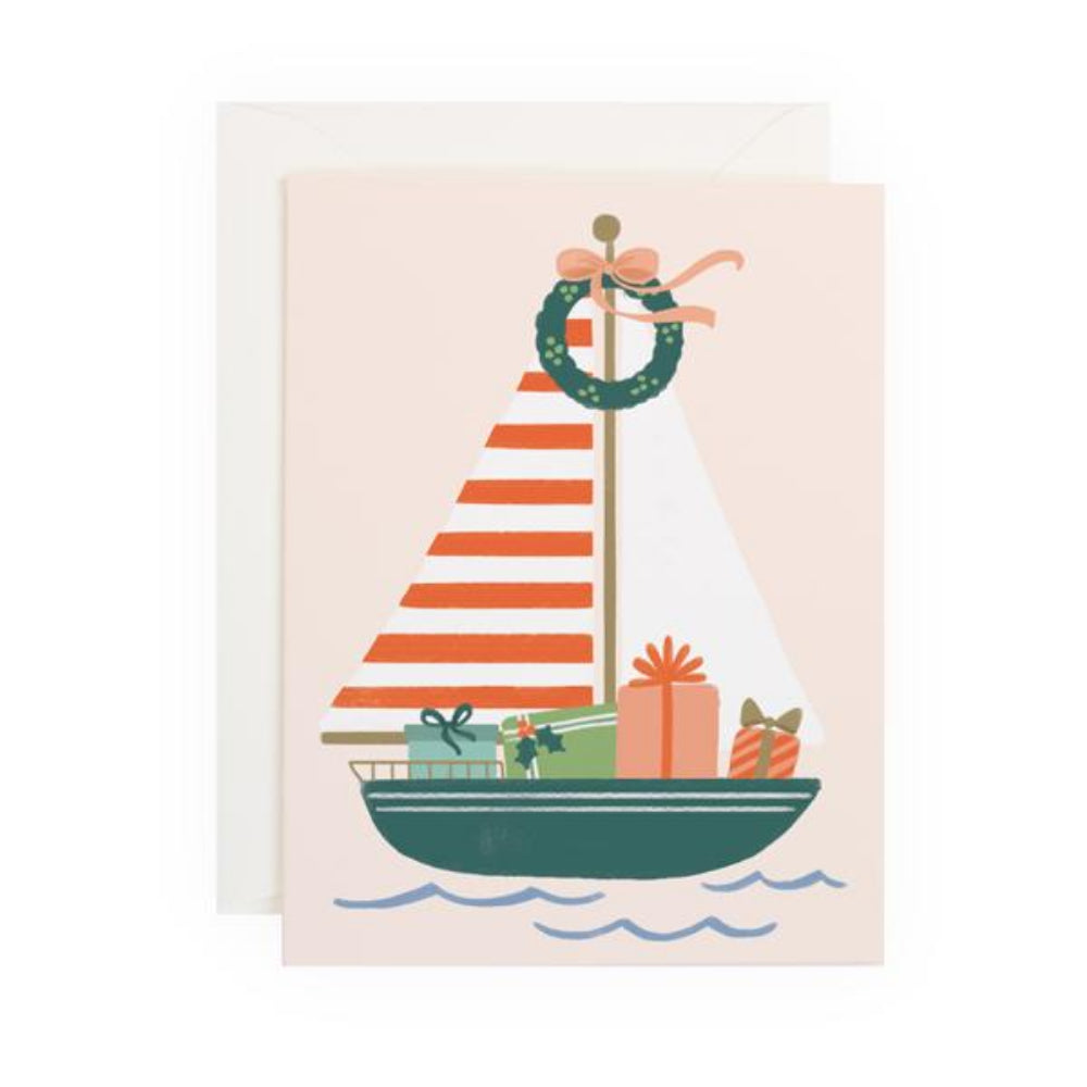 Anchor Point Paper Co. Blank Holiday Sailboat Greeting Card with Matching Envelope