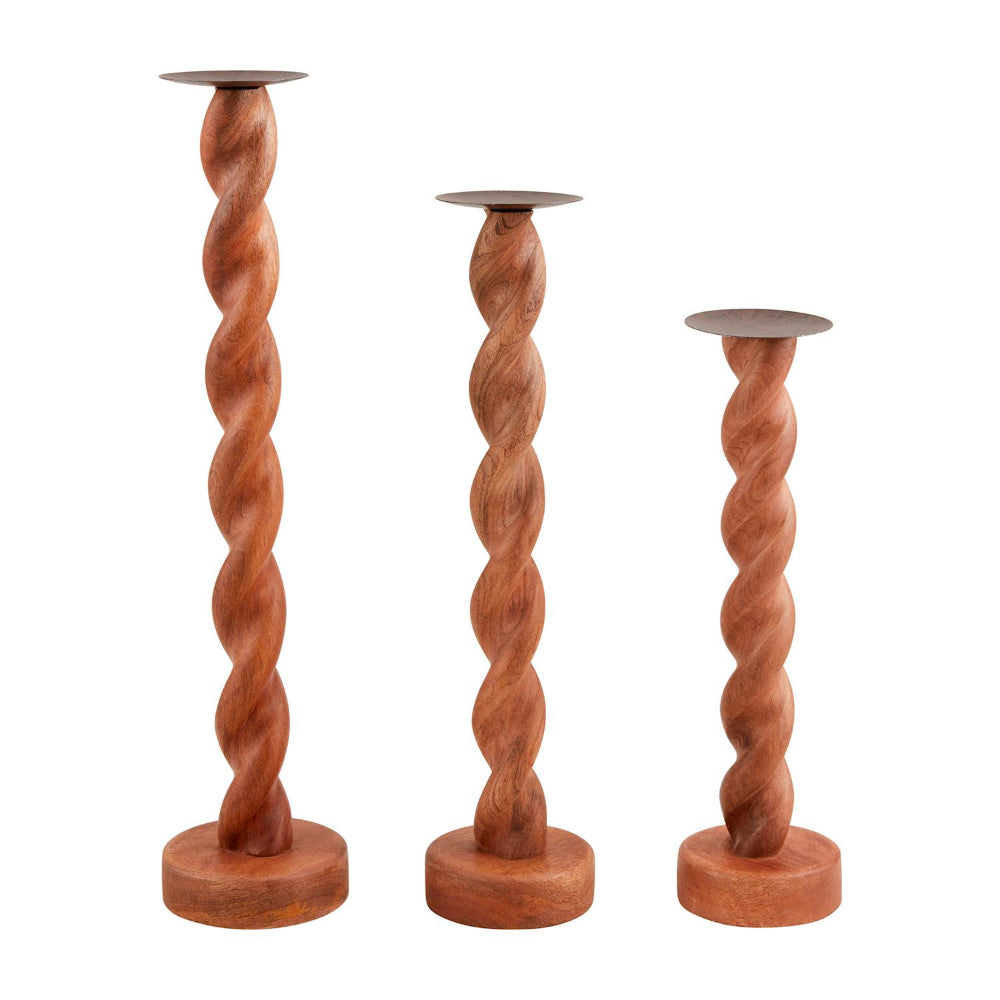 Mud Pie Twisted Mango Wood Candlestick with Metal Coupe Candle Plate