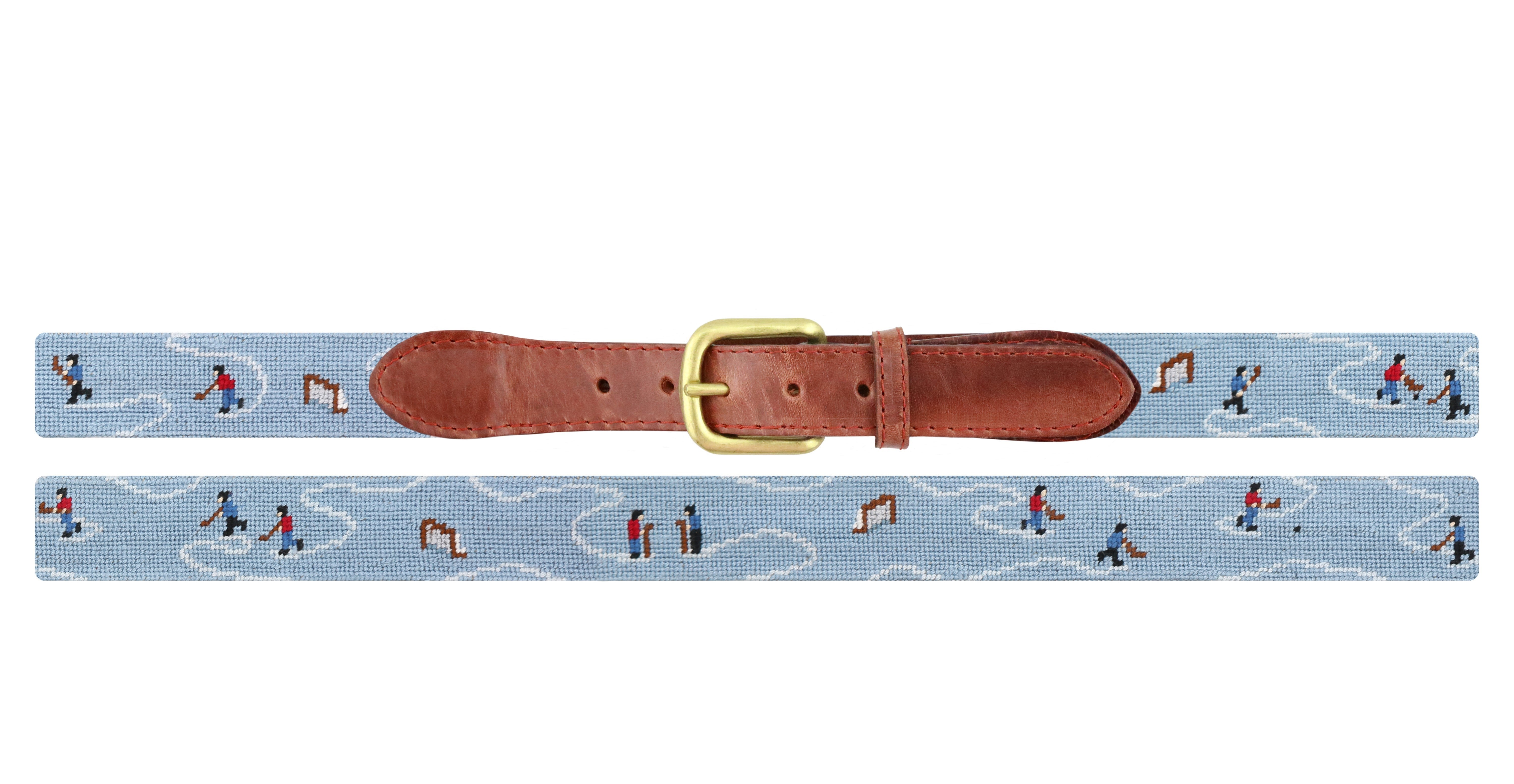 Smathers & Branson 100% Hand-Stitched Pond Hockey Needlepoint Belt with Brass Buckle