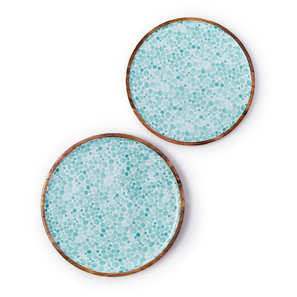 Two's Company Handmade Round Serving Trays in Wood with Seafoam Dot Design