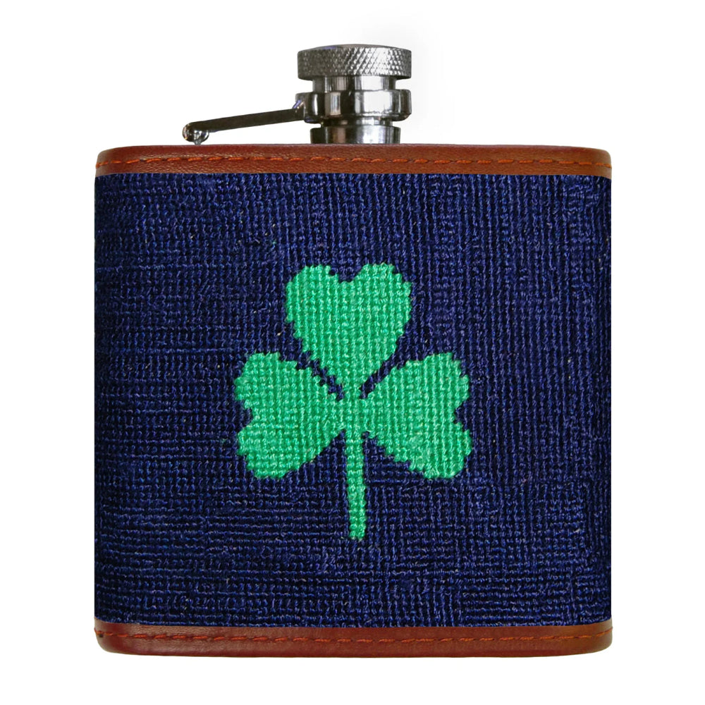 Smathers and Branson Dark Navy Shamrock Stainless Steel Needlepoint Flask