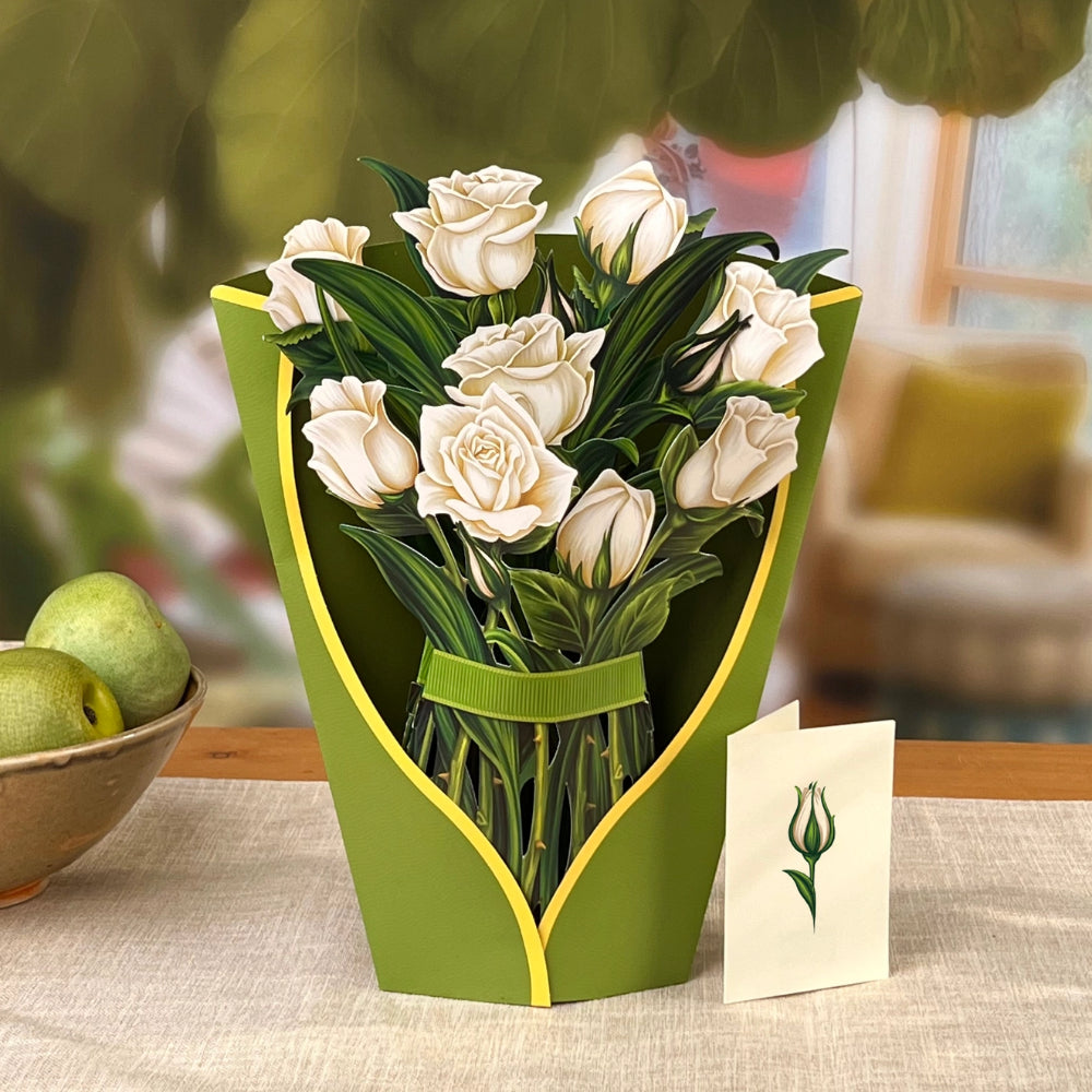 Elegant FreshCut Paper White Roses Pop-Up Greeting Card