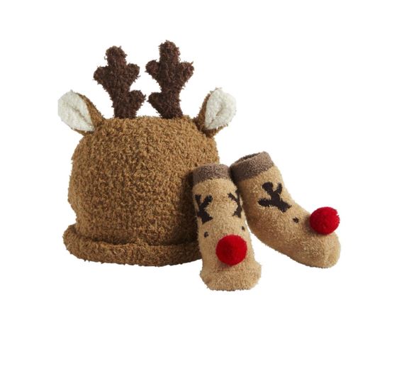 Mud Pie Reindeer-themed Santa Hat and Sock Set for Babies