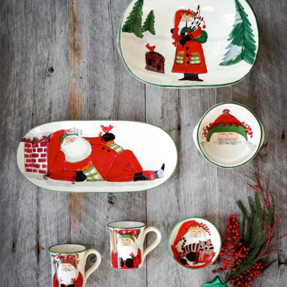 Vietri Hand - Painted Old Saint Nick Themed Small Oval Serving Platter