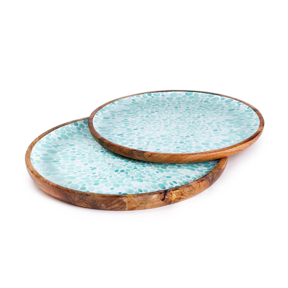 Two's Company Handmade Round Serving Trays in Wood with Seafoam Dot Design