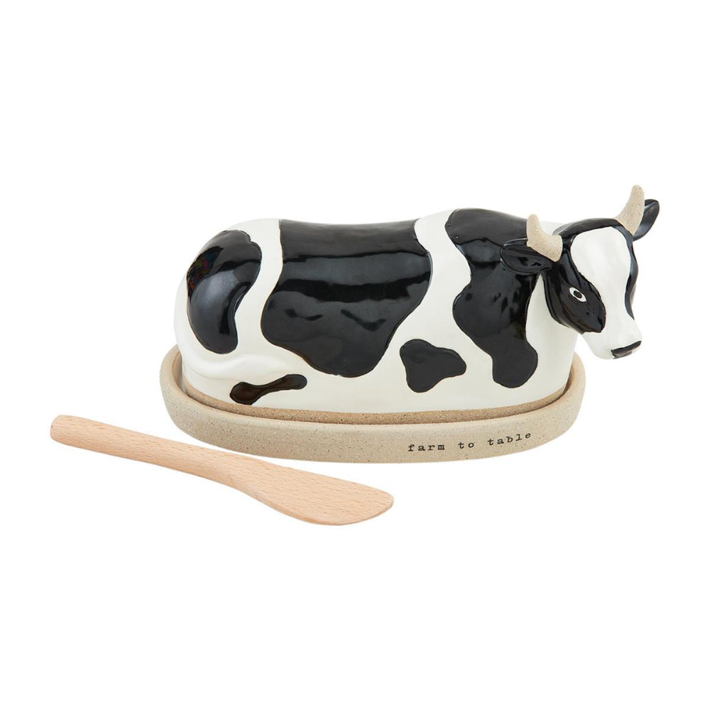 Mud Pie Cow-themed Stoneware Butter Dish Set with Wooden Spreader