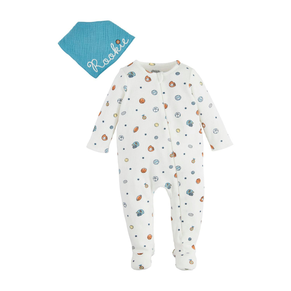 Mud Pie Cozy Sports Print Baby Sleeper and Stylish Bib Set