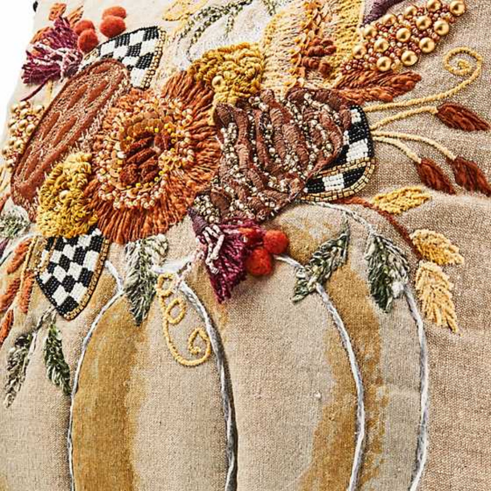 MacKenzie-Childs Embroidered Beaded Autumn Frost Pumpkin Throw Pillow