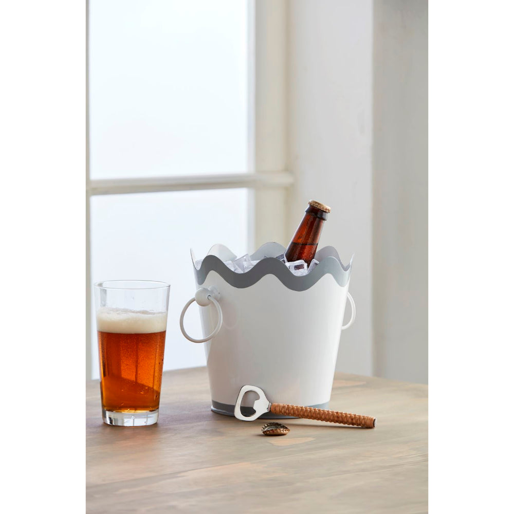 Exquisite Mud Pie Wavy Edge Hand - painted Metal Ice Bucket and Rattan - wrapped Stainless Steel Bottle Opener Set