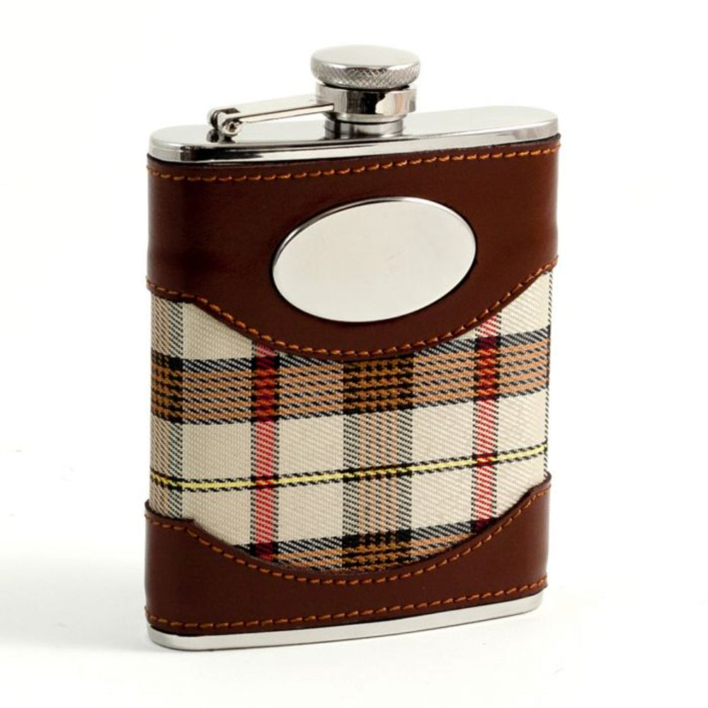 Stylish 6 oz. Brown Leather & Beige Plaid Stainless Steel Flask