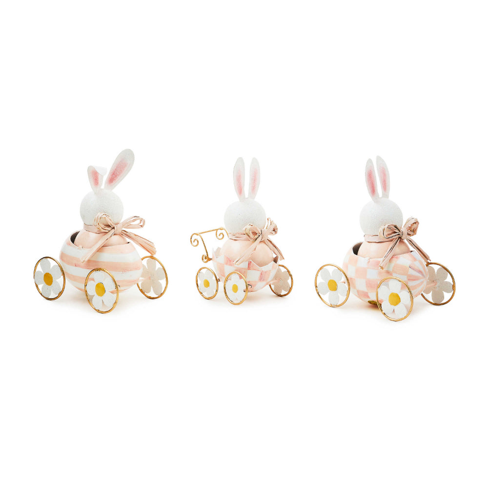 MacKenzie-Childs Decorative Hand - painted Metal Rosy Meadow Bunnies in Egg - shaped Cars Figurine Set of Three