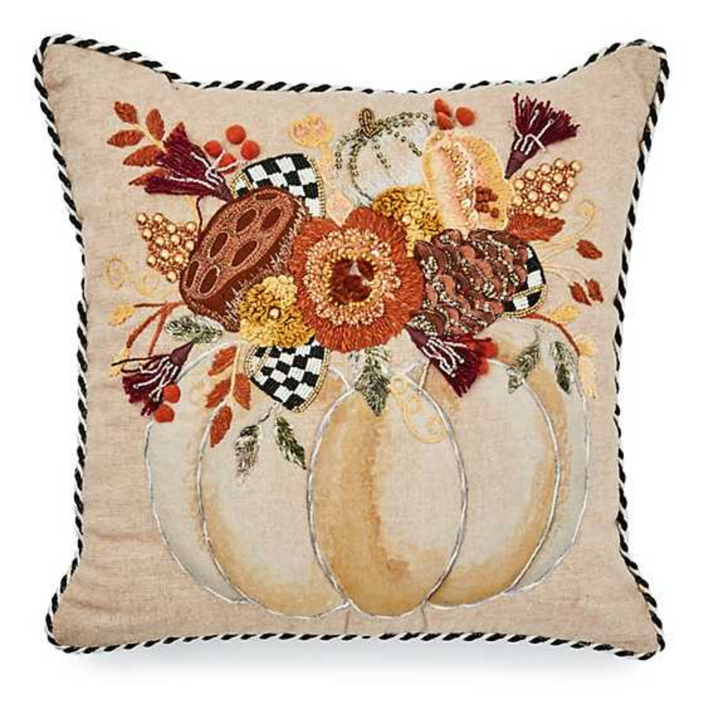 MacKenzie-Childs Embroidered Beaded Autumn Frost Pumpkin Throw Pillow
