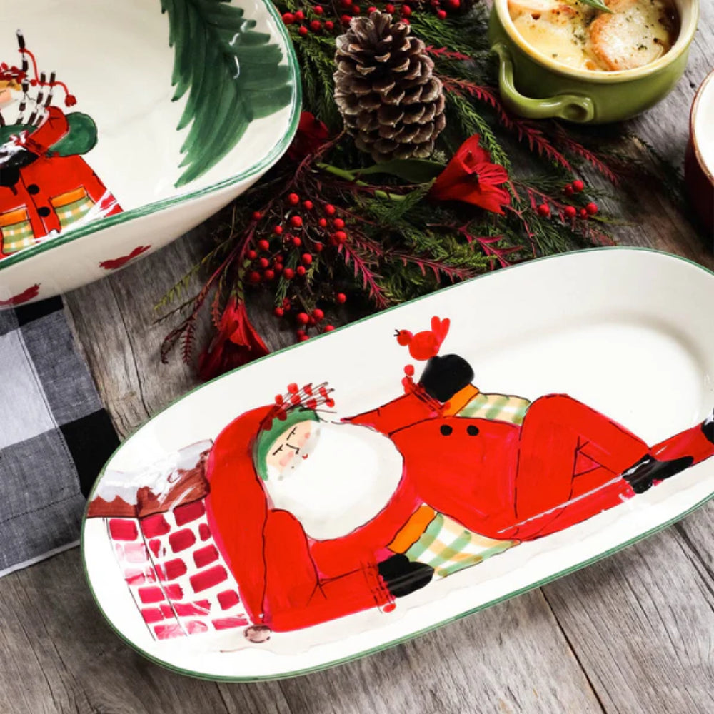 Vietri Hand - Painted Old Saint Nick Themed Small Oval Serving Platter