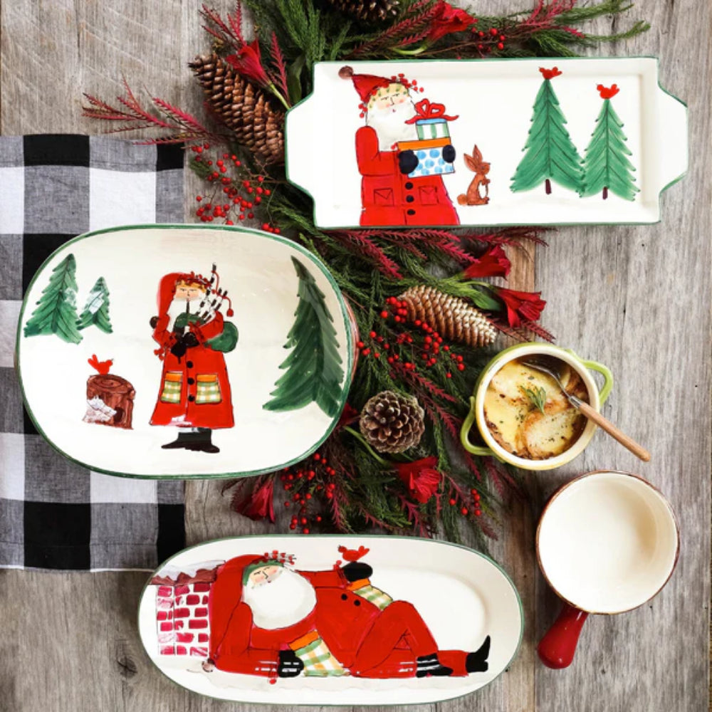 Vietri Hand - Painted Old Saint Nick Themed Small Oval Serving Platter