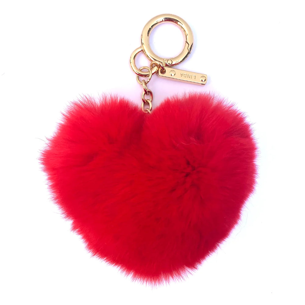 Linda Richards Authentic Rex Rabbit Fur Heart-Shaped Keychain - Vivid Red