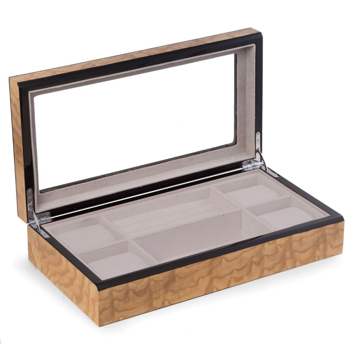 Lacquered Ash Burl Wood Jewelry Valet Box with Glass Top and Soft Velour Lining (In-Store Exclusive)