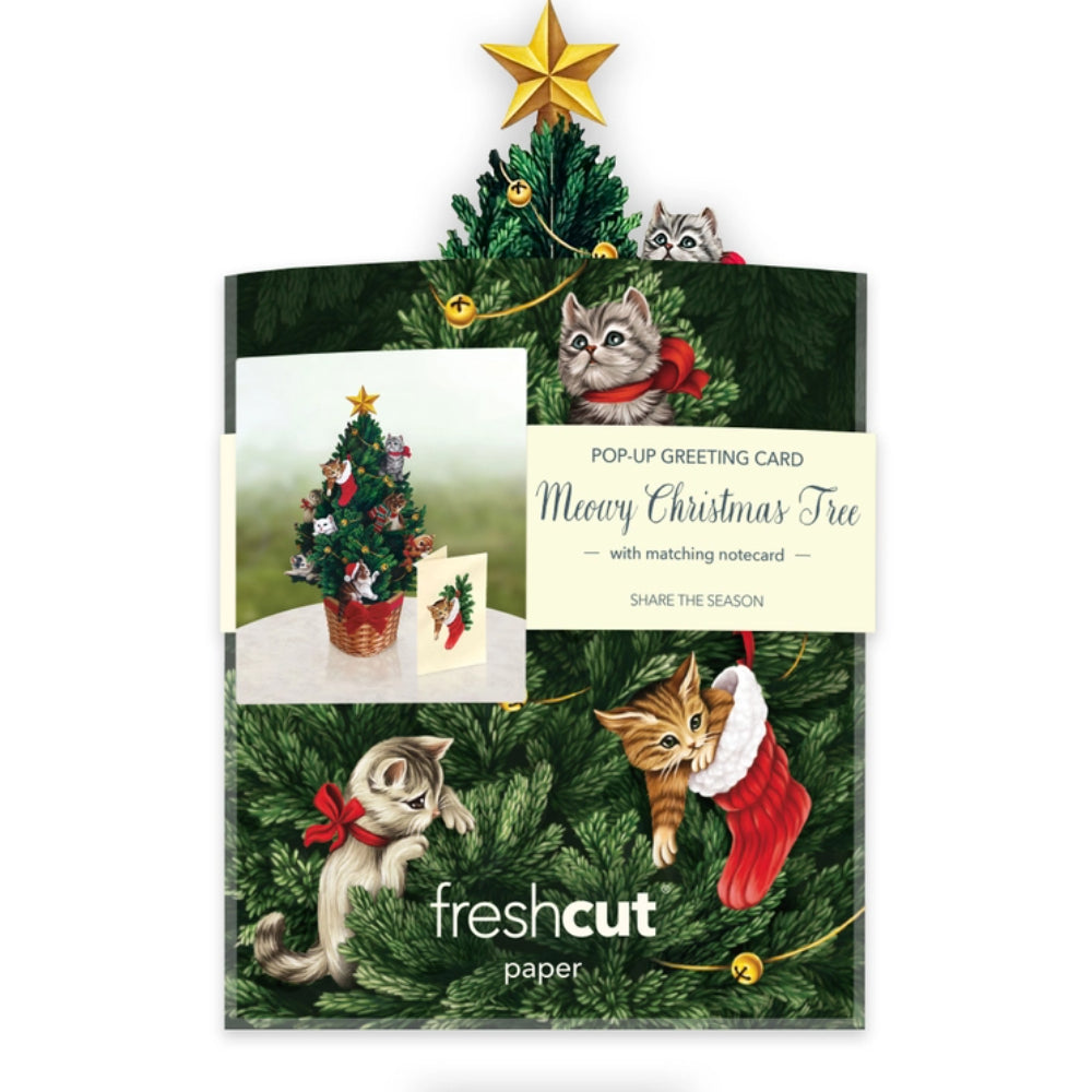 Freshly Cut Paper Mini Adorable Cat - Themed Christmas Tree Greeting Card Set