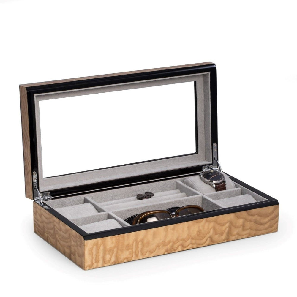 Lacquered Ash Burl Wood Jewelry Valet Box with Glass Top and Soft Velour Lining (In-Store Exclusive)