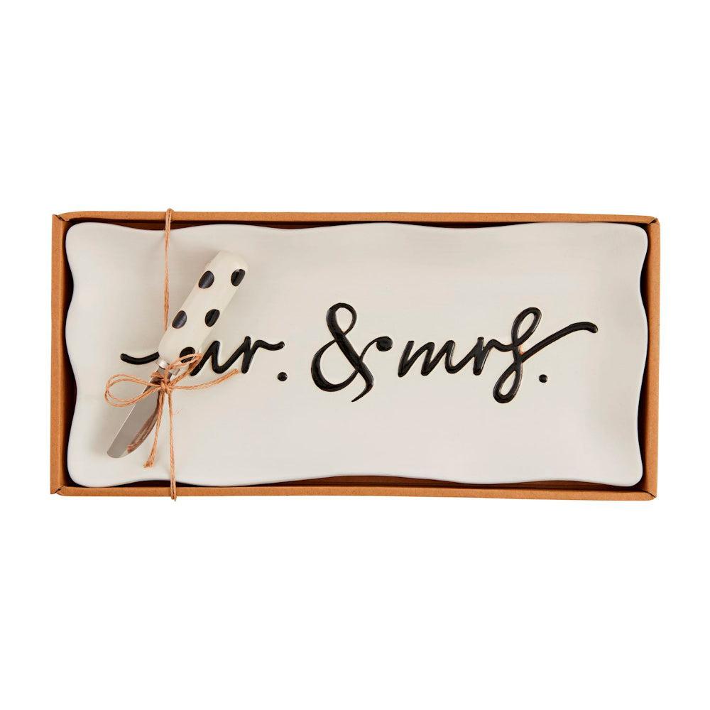 Mud Pie Mr. and Mrs. Stoneware Hostess Serving Tray Set with Stainless Steel Spreader