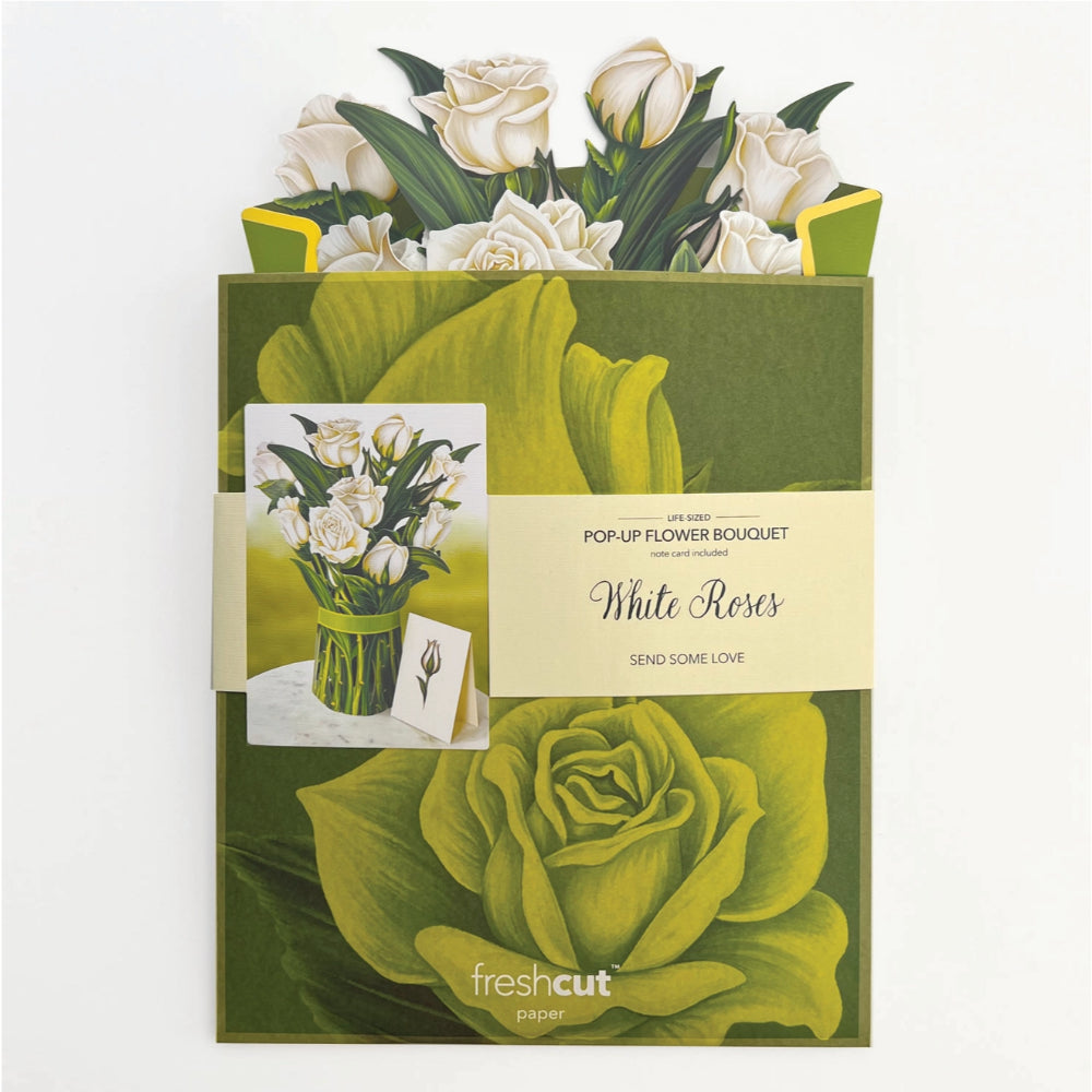 Elegant FreshCut Paper White Roses Pop-Up Greeting Card