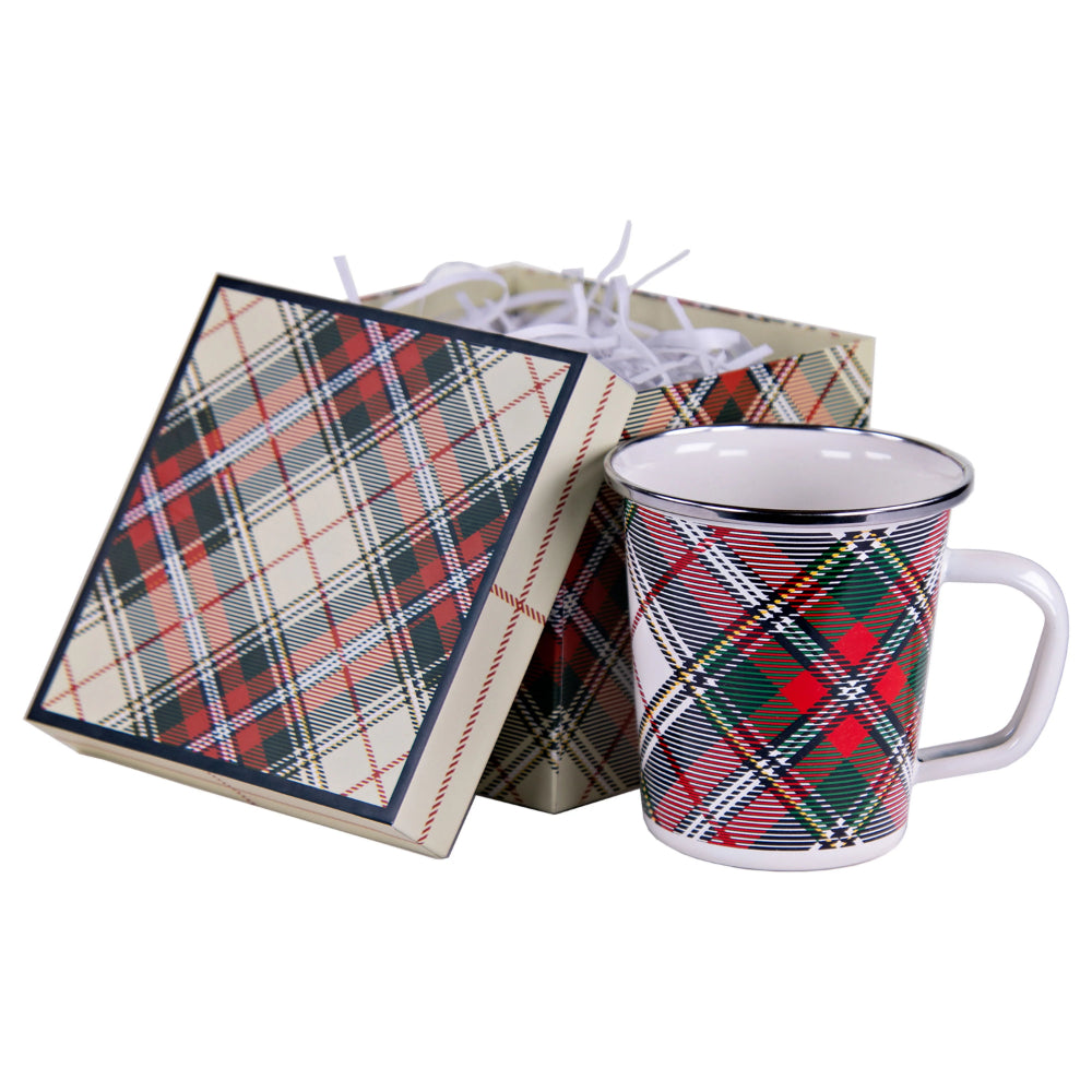 Golden Rabbit 16 oz Highland Plaid Enamel Latte Mug Gift Set