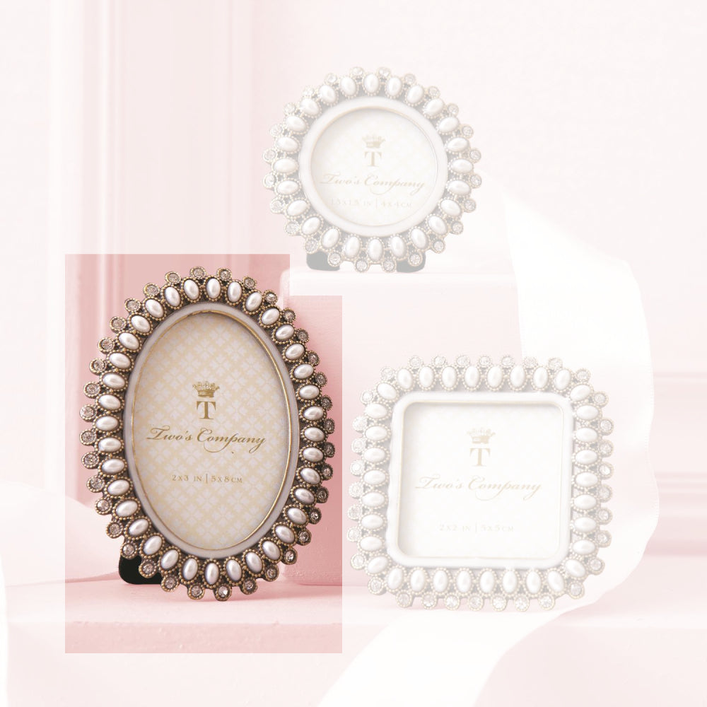 Two's Company Adorable Mini Photo Frames Decorated with Faux Pearls and Austrian Crystals