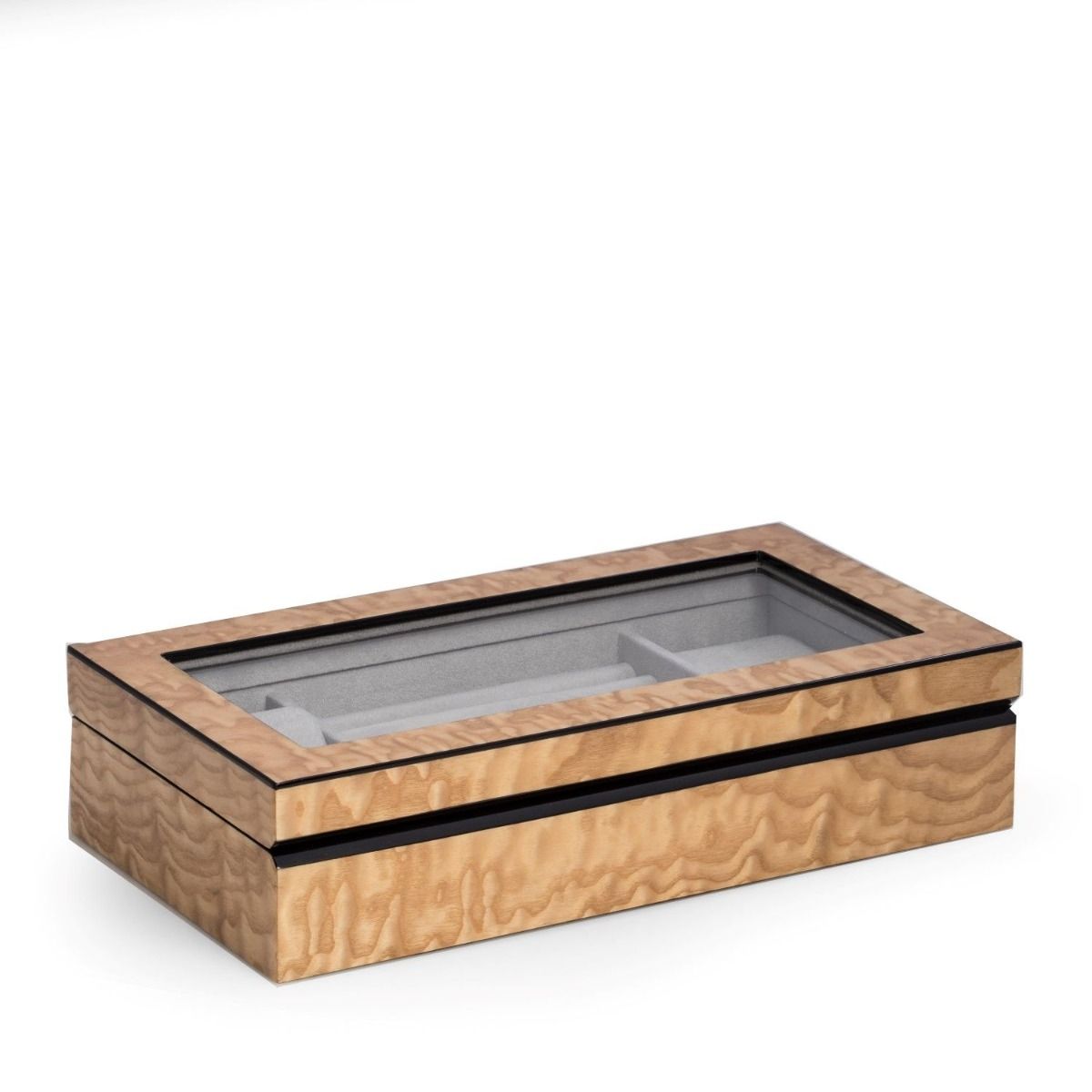 Lacquered Ash Burl Wood Jewelry Valet Box with Glass Top and Soft Velour Lining (In-Store Exclusive)