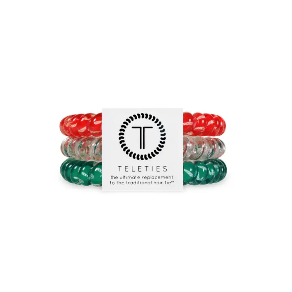 TELETIES Christmas-themed Spiral Hair Coils Hair Ties Set of 3 - Small Size for Hair Styling