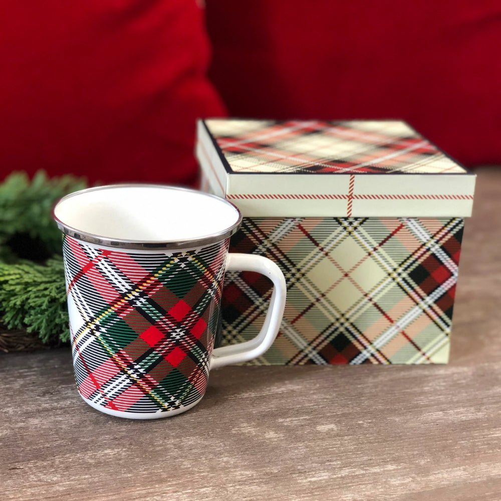Golden Rabbit 16 oz Highland Plaid Enamel Latte Mug Gift Set