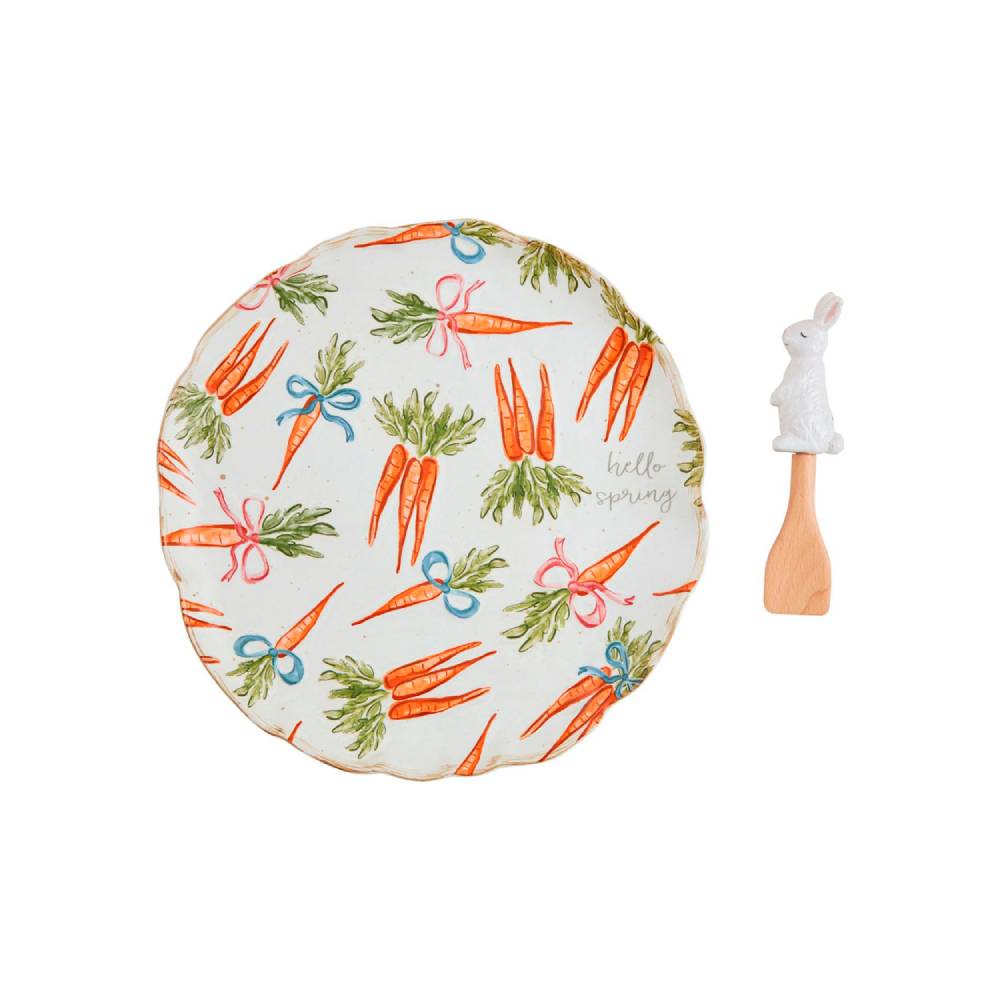 Mud Pie Decorative Carrot Pattern Stoneware Platter Set with Bunny Handle Wooden Spatula