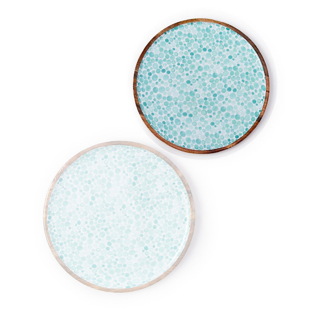 Two's Company Handmade Round Serving Trays in Wood with Seafoam Dot Design