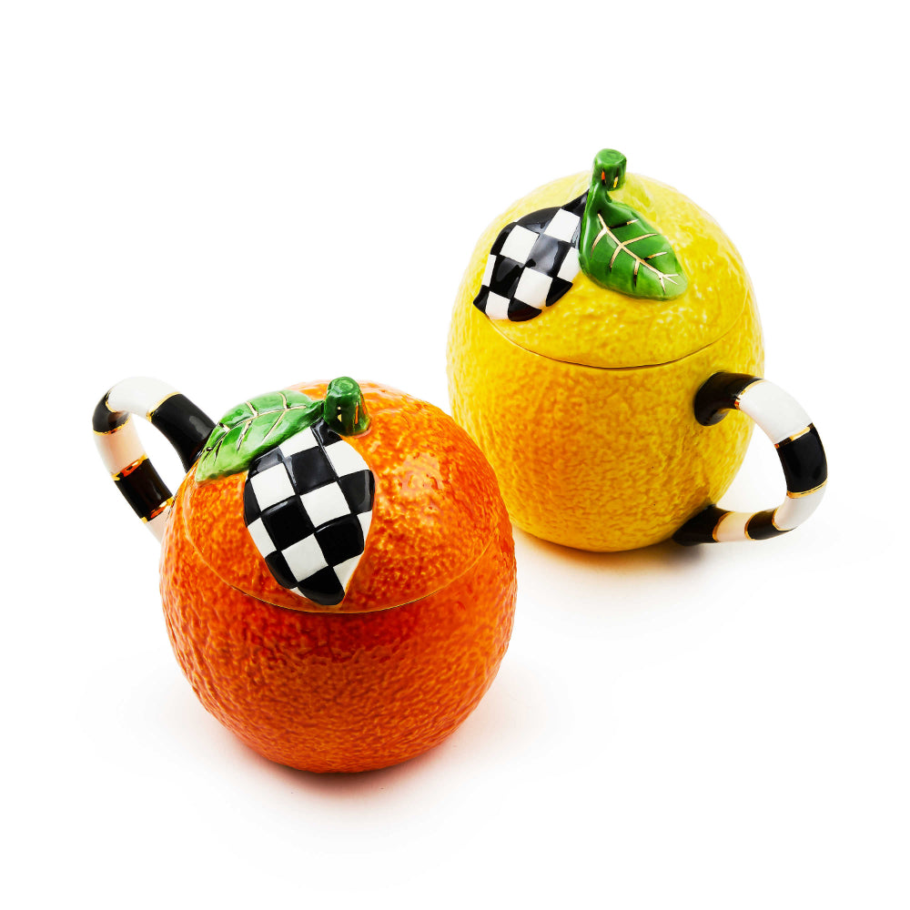 MacKenzie-Childs Set of Two Handmade Ceramic Tutti Frutti Lidded Mugs for Refreshing Drinks