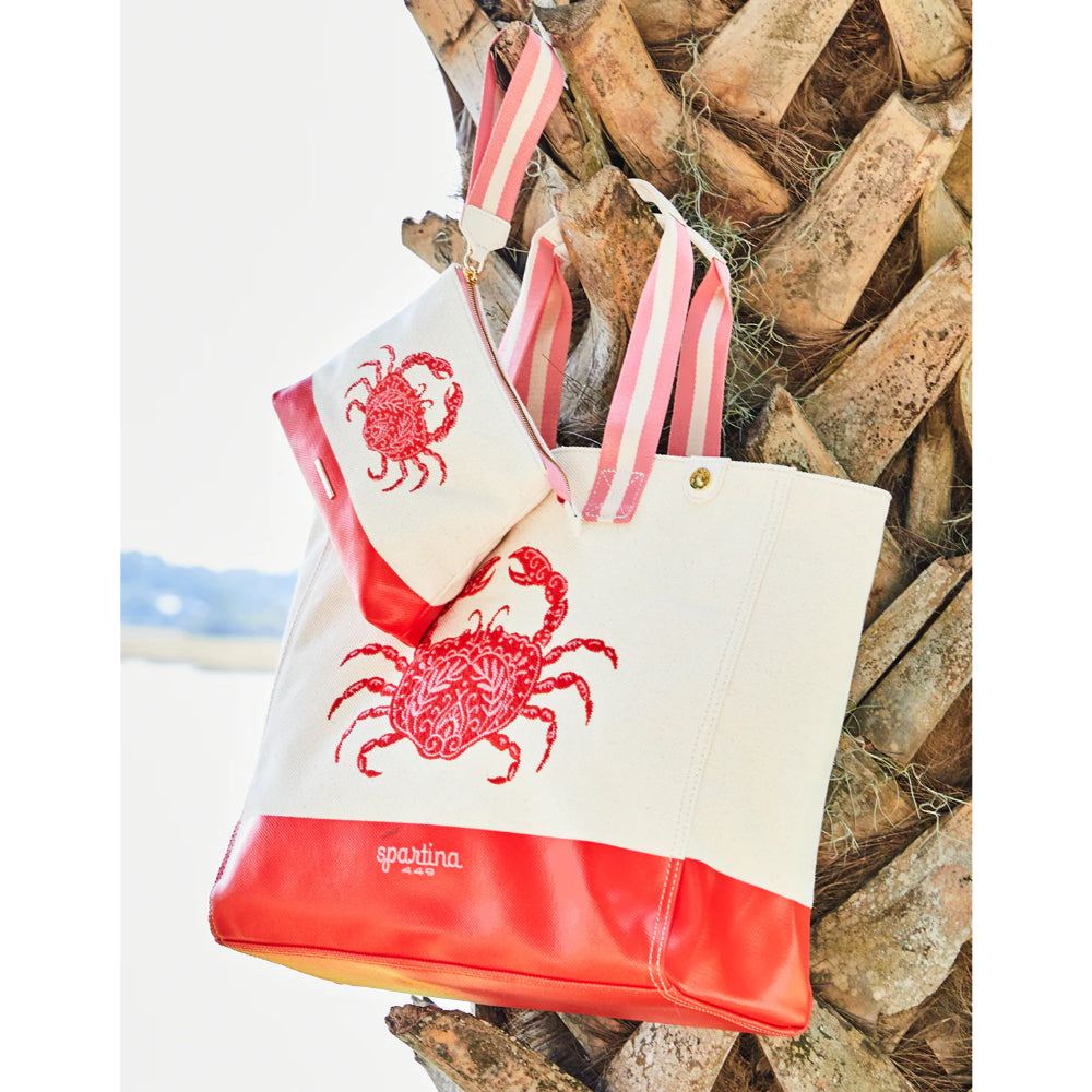 Stylish Red Crab Embroidered Thick Cotton Beach Tote Bag