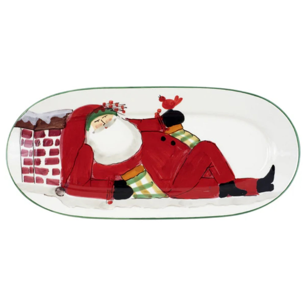 Vietri Hand - Painted Old Saint Nick Themed Small Oval Serving Platter