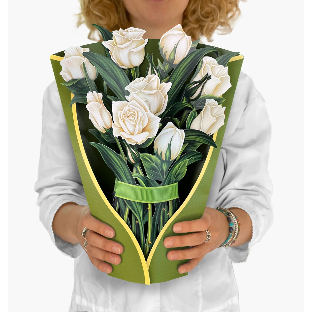 Elegant FreshCut Paper White Roses Pop-Up Greeting Card