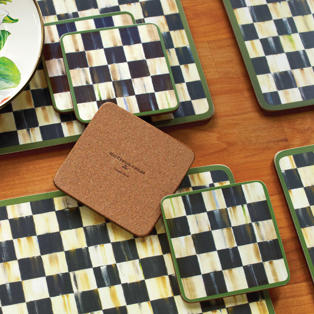 MacKenzie-Childs Set of 4 Courtly Check Coasters with Cork Backing for Table Decoration