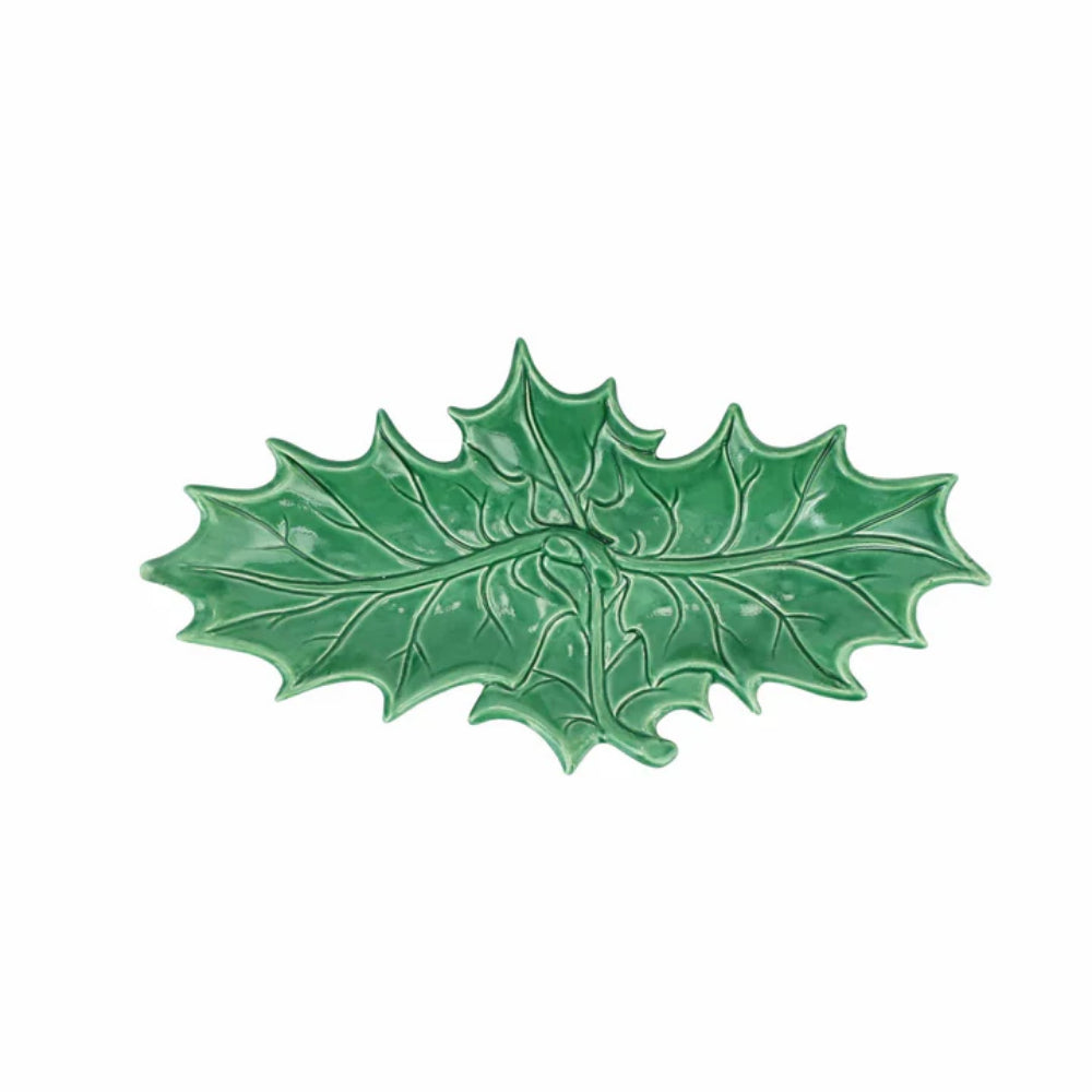 Vietri Italian Stoneware Lastra Evergreen Figural Holly Design Two - Leaf Serving Platter for Winter Tables