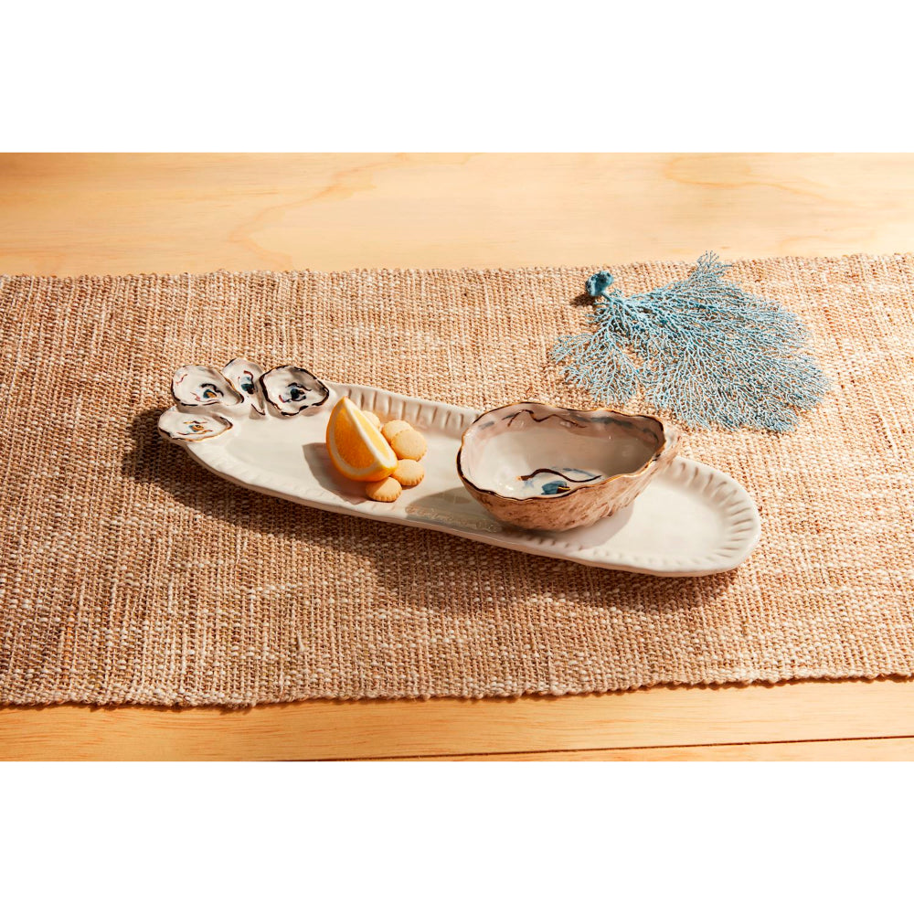 Mud Pie Elegant Stoneware Oyster Tray with Coordinating Dip Cup Set