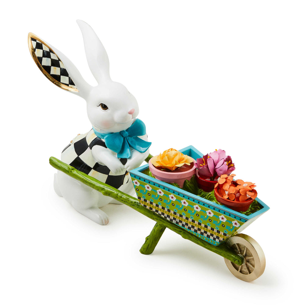 MacKenzie-Childs Decorative Calico Bunny Statue with Wheelbarrow for Home Decoration