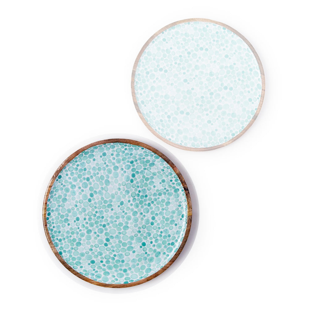 Two's Company Handmade Round Serving Trays in Wood with Seafoam Dot Design