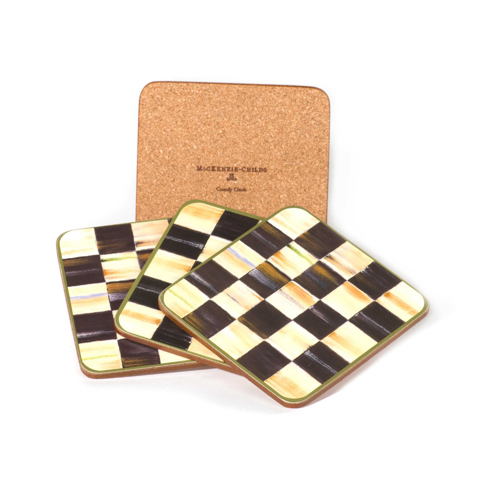 MacKenzie-Childs Set of 4 Courtly Check Coasters with Cork Backing for Table Decoration