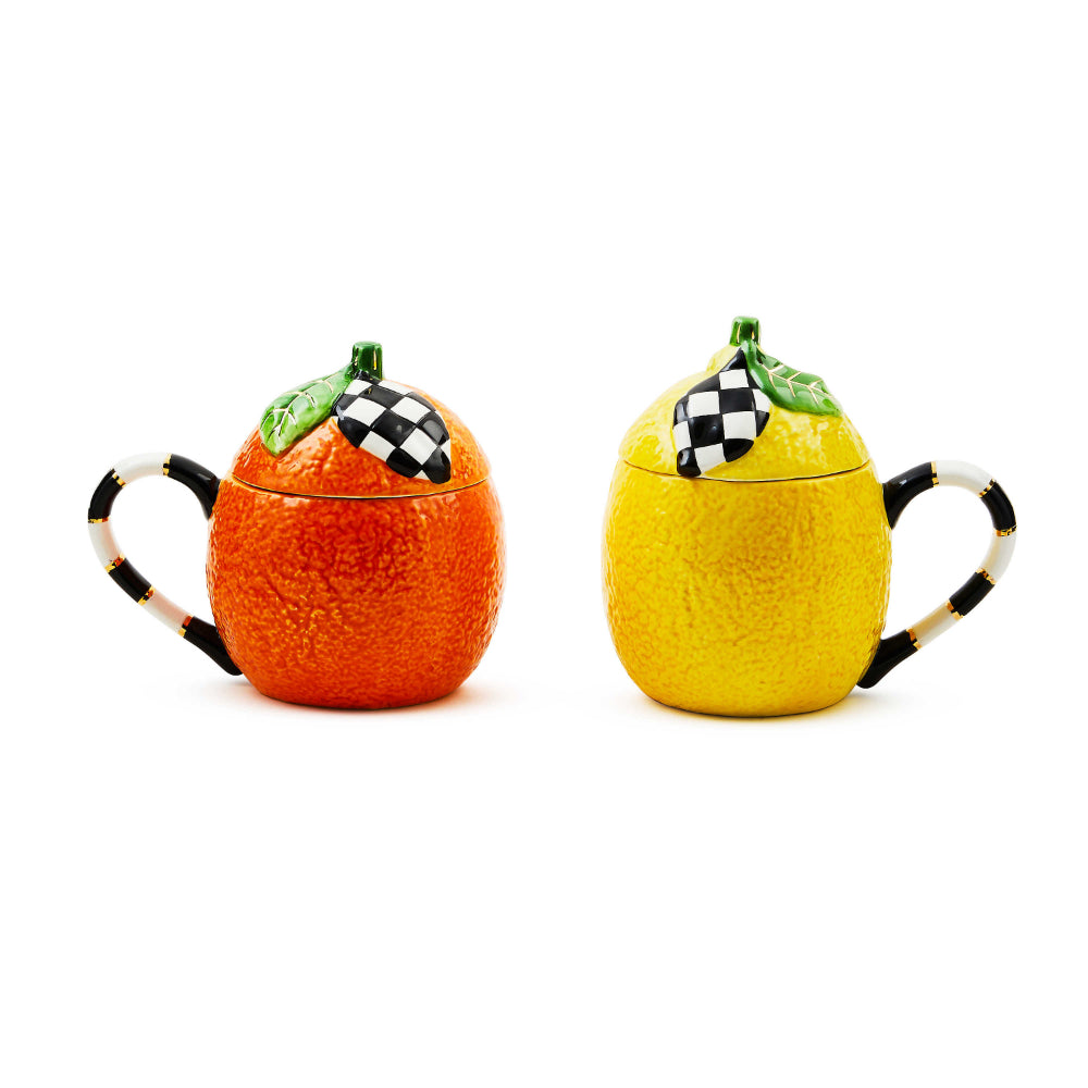 MacKenzie-Childs Set of Two Handmade Ceramic Tutti Frutti Lidded Mugs for Refreshing Drinks