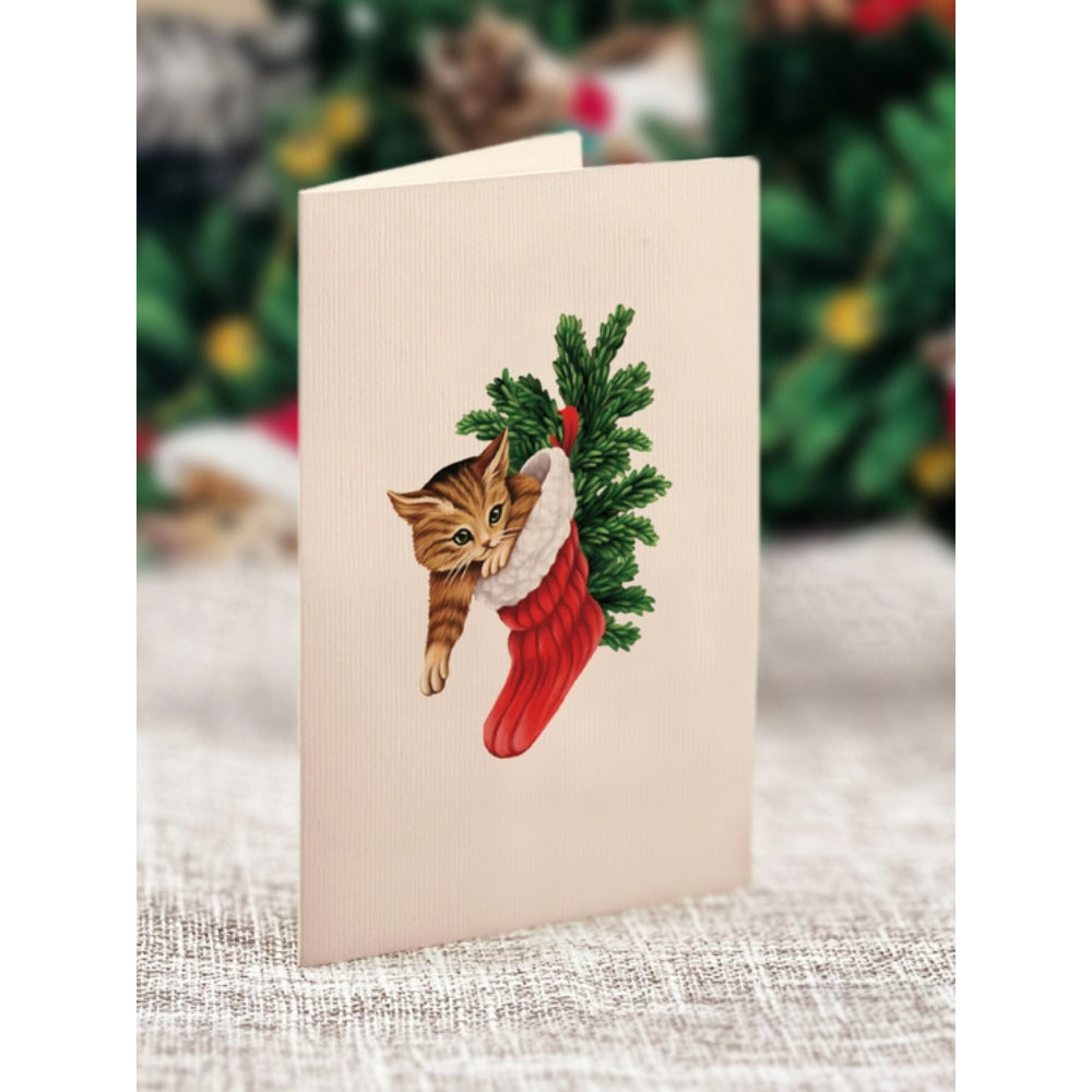 Freshly Cut Paper Mini Adorable Cat - Themed Christmas Tree Greeting Card Set