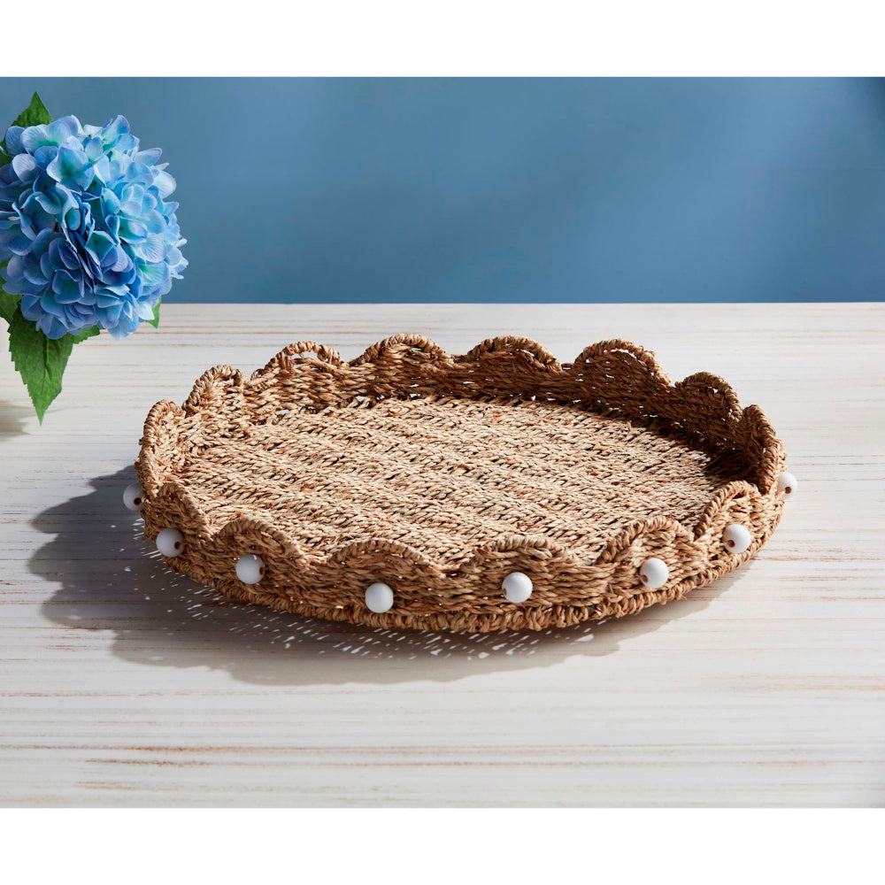 Exquisitely Crafted Mud Pie Seagrass Scalloped Lazy Susan for Dining
