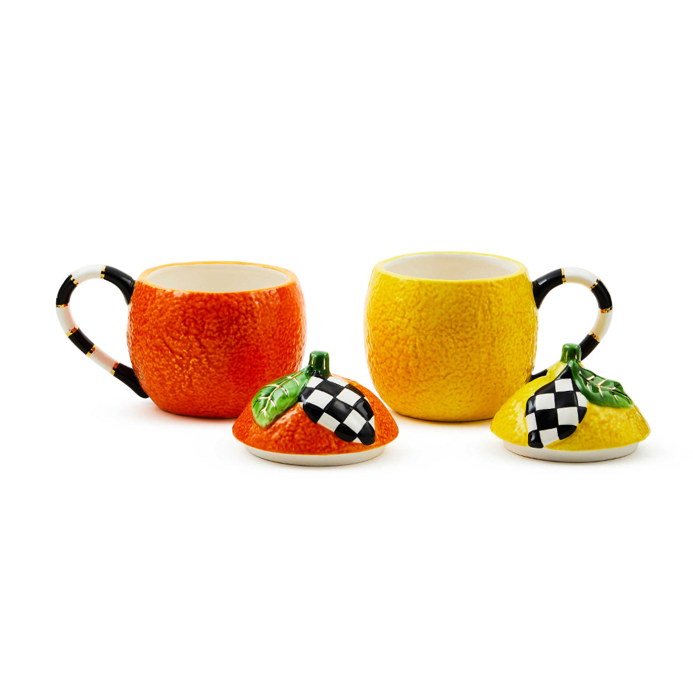 MacKenzie-Childs Set of Two Handmade Ceramic Tutti Frutti Lidded Mugs for Refreshing Drinks