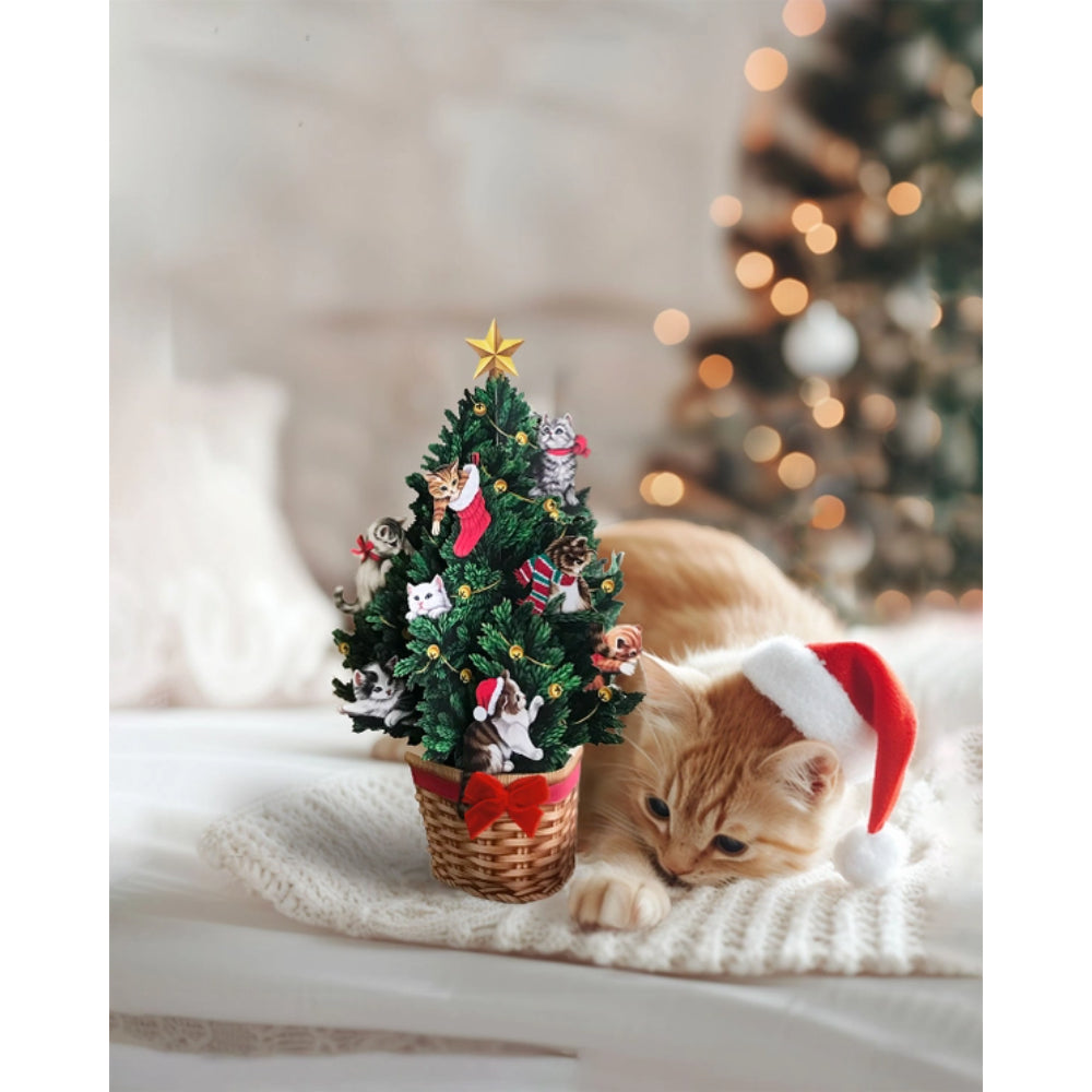 Freshly Cut Paper Mini Adorable Cat - Themed Christmas Tree Greeting Card Set